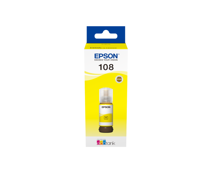Cartouche d'encre Epson 108 Bouteille d'encre EcoTank Jaune pour L8050 70 ml 7 200 pages en couleur. (C13T09C44A) – Image 1