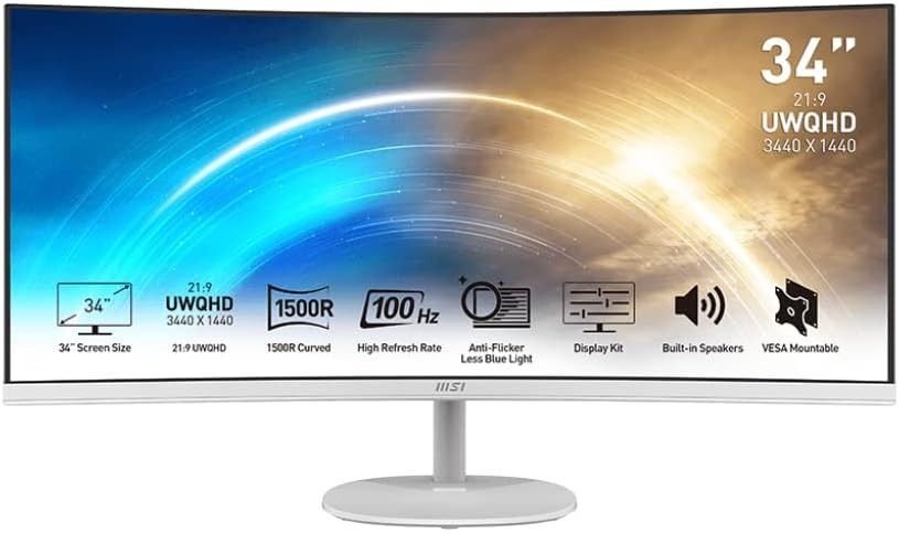Écran MSI Pro MP341CQW Écran Bureautique Incurvé 34" - 3440x1440 - 21:9 Blanc – Image 3