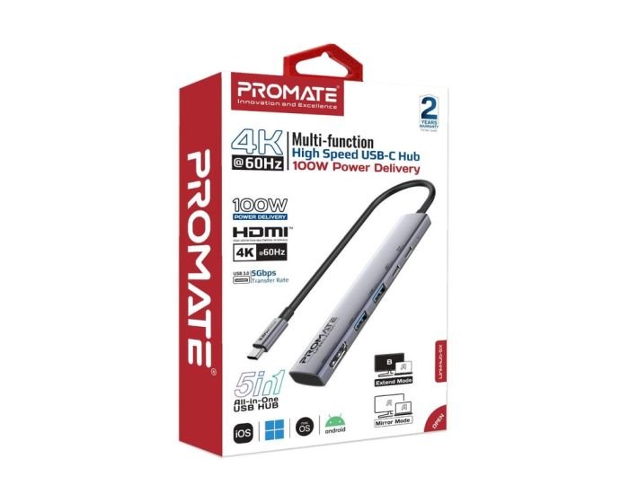 Hub Promate LinkHub-5X USB-C multifonction haute vitesse 4K à 60 Hz avec alimentation 100 W – Image 8