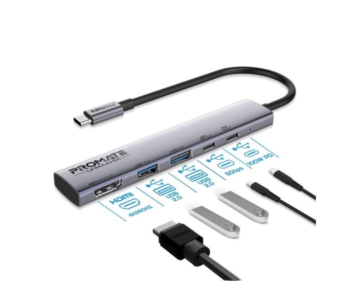 Hub Promate LinkHub-5X USB-C multifonction haute vitesse 4K à 60 Hz avec alimentation 100 W – Image 13