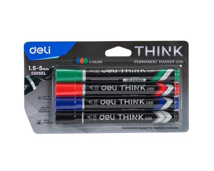 Pochette de 4 Marqueurs Permanents Deli Think EU10101 pointe biseautée 1,5-5 mm assorties – Image 2