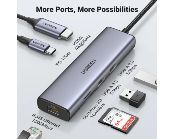 Station d accueil Ugreen USB-C 7 en 1 Supporte PD (Power Delivery) 100W Recharge (90568) – Image 6